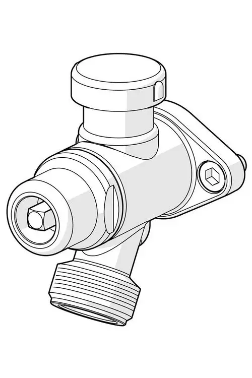 Körperteile einer HANSA-Armatur, bestehend aus einem Ventil mit verschiedenen Anschlussmöglichkeiten und einer Abdeckung, in schematischer Darstellung.